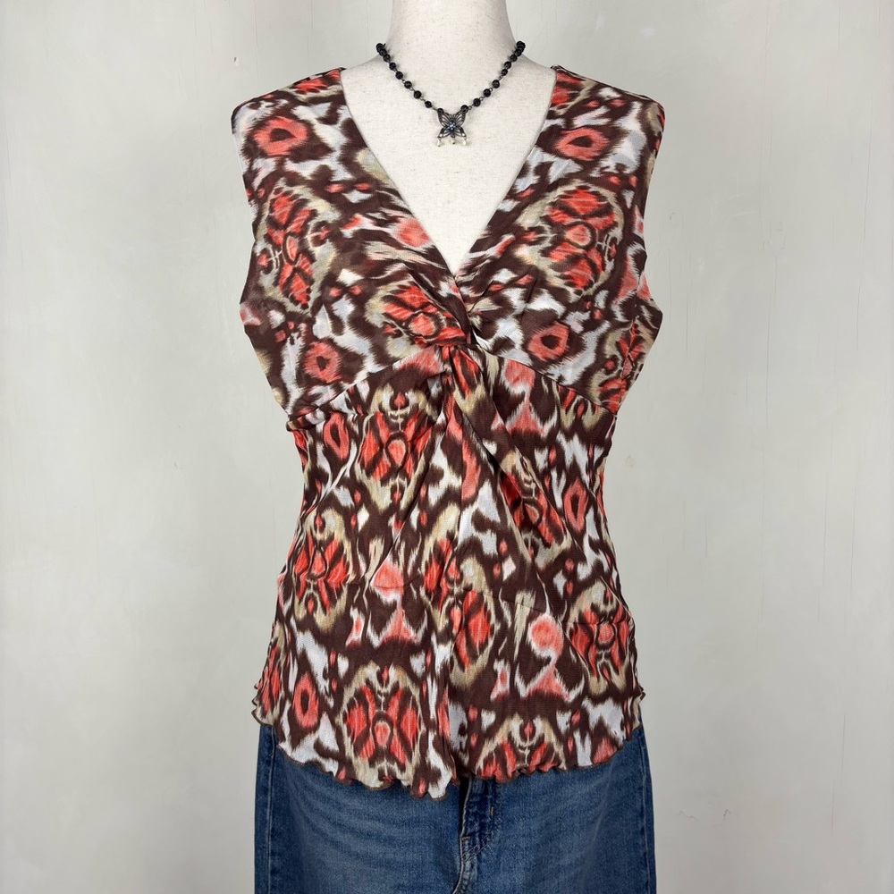 Willi Smith Y2K Sleeveless Abstract Print Boho Women’s XL Brown Red VNeck Blouse